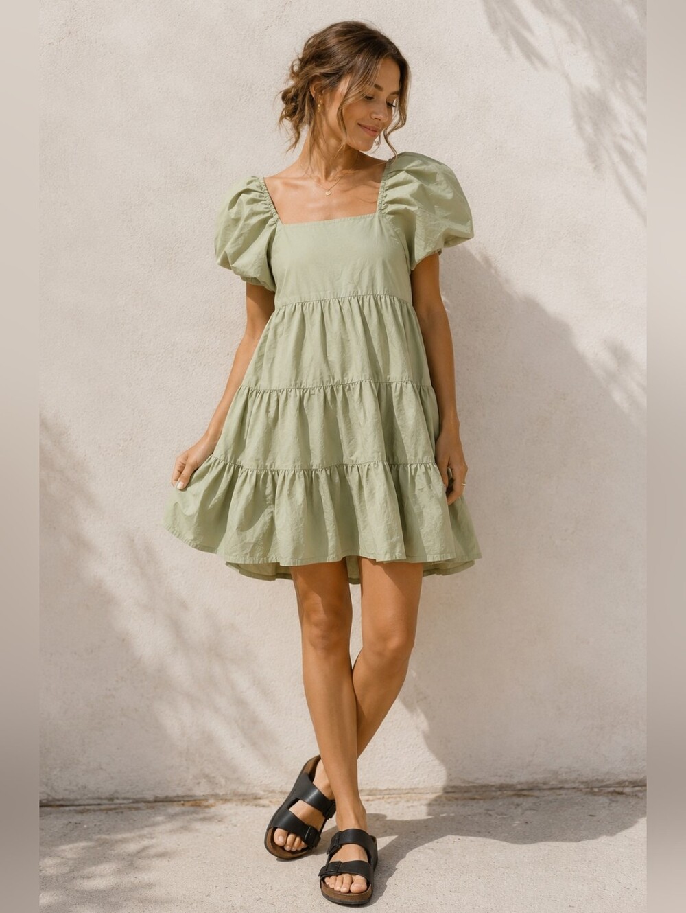 OAK + FORT Light Green Puff-Sleeve Tiered Mini Dress | Small | EUC